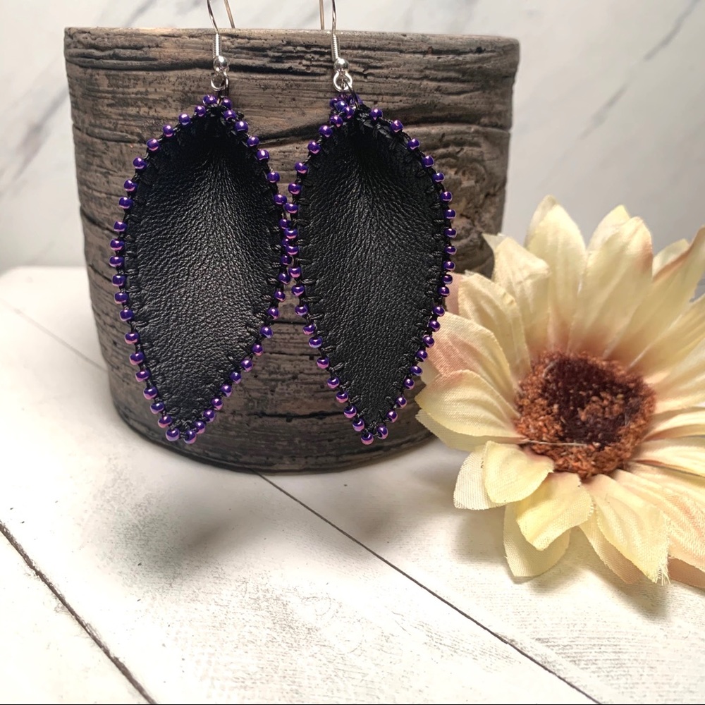 Genuine Black Leather Earring with purple …